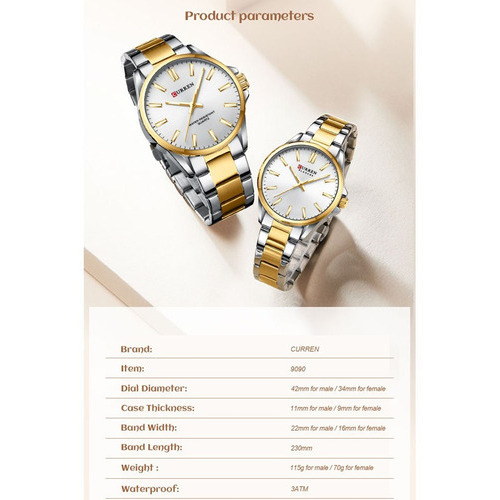 Reloj De Pareja Curren Luminous De Cuarzo Inoxidable, 2 Piez Color Del Fondo Silver/yellow