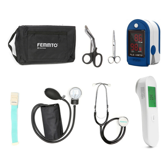 kit enfermeria Completo tensiometro manual aneroide Estetoscopio oximetro dedo termometro digital Tijeras Lazo  Femmto