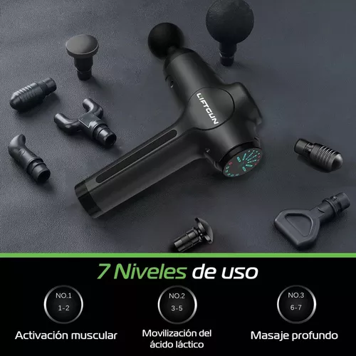Pistola de masaje muscular, Portátil, Pantalla LCD, 6 cabezales