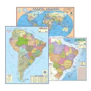 3 Mapas Brasil + Mundi + America Do Sul 120 X 90 Atualizado