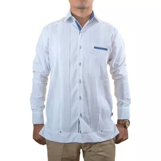 Guayabera Presidencial Color Blanca Combinado Azul Marino