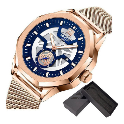 Reloj Nibosi Luminous Calendar De Cuarzo Inoxidable Fondo Rose Blue