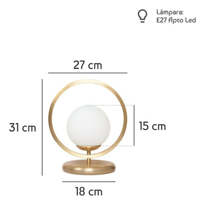 Lampara De Mesa Marsella Aro Dorado Globo Opal Apto Led E27