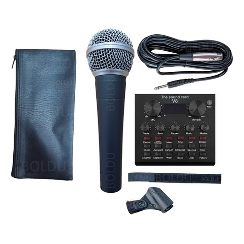 Microfono Profesional + Tarjeta De Sonido V8 Color Negro