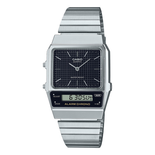 Reloj Casio Aq-800e-1a Analogo Digital Unixes Vintage Malla Plateado Bisel Plateado Fondo Negro