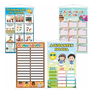 Kit 4 Banner Combinados Chamadinha Aniversariantes Ajudantes