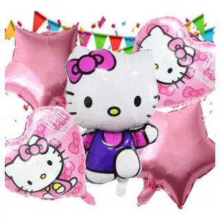 Hello Kitty Globos Metalico Cumpleaños Kit Bouquet 5 Piezas