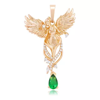 Dije Oro 18k Lam Angel Swarovski Verde Esmeralda Proteccion