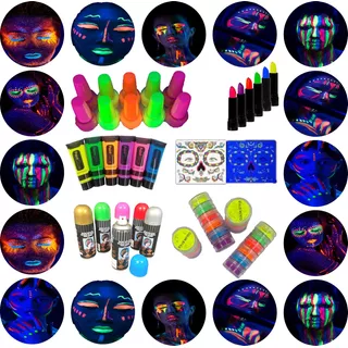 Pack Maquillaje Neon, Fiesta Fluor, Tiktok, Brillan C/luz Uv
