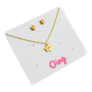 Set De Collar Y Aretes De Cerdito Regalo Pareja Acero 22k