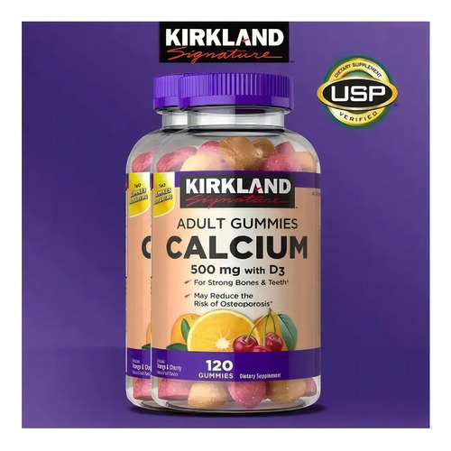 Calcio 500mg Calcium + Vitamina D3 25mcg Kirkland 120 Gomita Sabor Naranja y Cereza