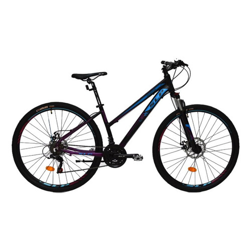 Mountain bike femenina SLP Venecia  2020 R26 21v frenos de disco mecánico cambios Shimano Tourney TZ500 color negro/violeta/azul con pie de apoyo  