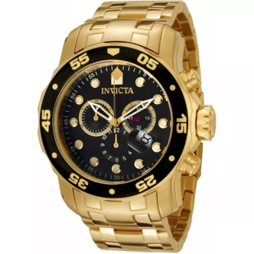 Reloj de pulsera Invicta Pro Diver 0072 de cuerpo color oro, analógico,  para hombre, fondo negro, con correa de acero inoxidable color oro, agujas  color oro, blanco y rojo, dial blanco y