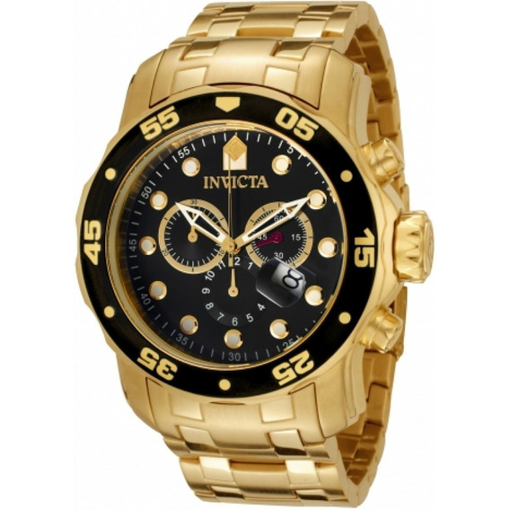 Reloj pulsera Invicta Pro Diver 0072 de cuerpo color oro, analógico, para hombre, fondo negro, con correa de acero inoxidable color oro, agujas color oro y blanco y rojo, dial blanco y oro, subesferas