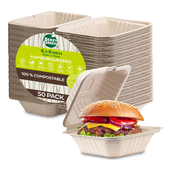 50 Contenedores Hamburguesero Biodegradable Desechable 6x6''