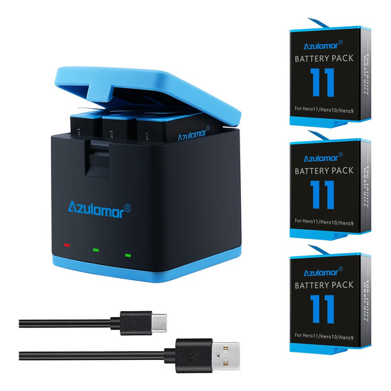 Azulamar 3x Baterías Y Cargador Kit P/ Gopro Hero 12 11 10 9