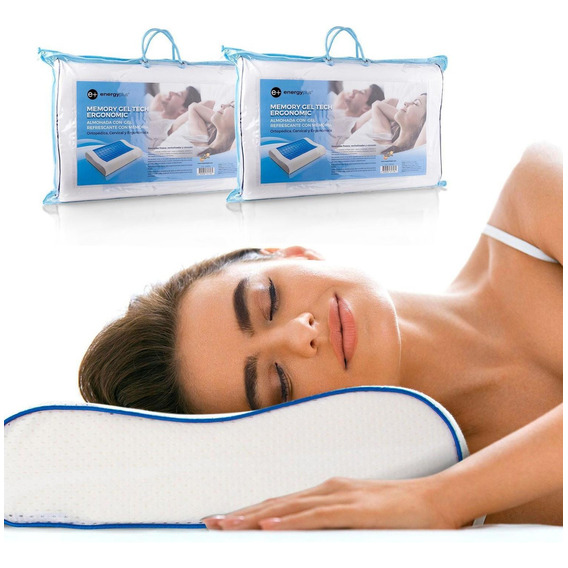 Combo: 2 Almohadas Gel Ortopédica Memoria Energy Plus Color Blanco Y Azul