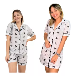 Kit  Pijama E Camisola Americano Verão Botões Amamentação 