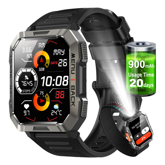 Iowodo C20pro Reloj Smartwatch Inteligente W60 2.01 Tft 900mAh Batería Caja Negro Negro Smartband Tactico Militar Smart Watch Hombre Llamada Bluetooth Ip68 Impermeable Resistente Al Polvo Y Impactos