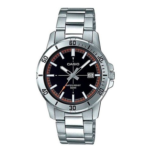 Reloj pulsera Casio Dress MTP-VD01D-1E2 de cuerpo color plateado, analógico, para hombre, fondo negro, con correa de acero inoxidable color plateado, agujas color gris, blanco y naranja, dial blanc