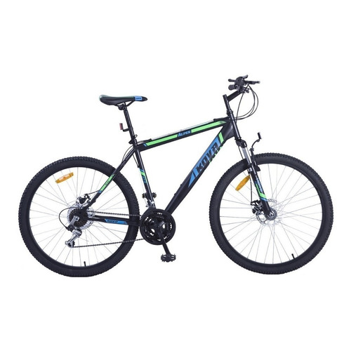 Mountain bike masculina Kova Alpes R27.5 21v cambios Shimano color negro/azul con pie de apoyo