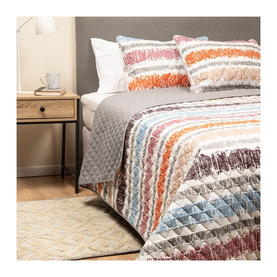 Cubrecama Cobertor Quilt Reversible+fundas Almohada 2 Plazas Color 2P Rayas/Gris Rayas de colores