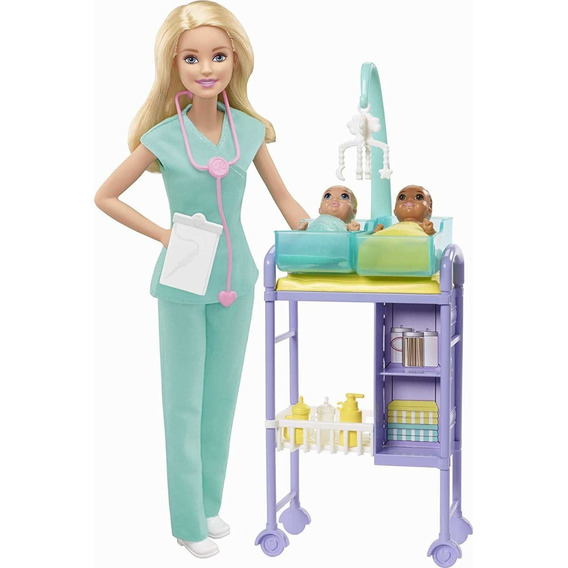 Doctora Barbie Pediatra Con Bebés, Carrito, Estetoscopio Y +