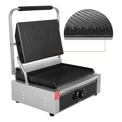 Plancha Doble Contacto Grill Panini Rayada Sikla 425x400x210 Color Plateado