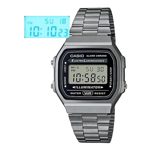Reloj pulsera digital Casio A-168 con correa de acero inoxidable color plateado - fondo gris/negro
