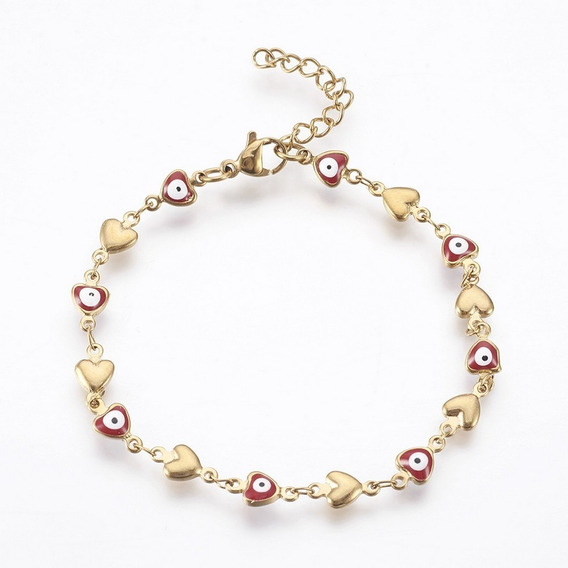 Pulsera Corazones Ojo Turco Mal De Ojo Acero Inoxidable 