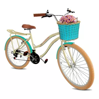 Bicicleta  De Passeio Maria Clara Bikes Passeio Aro 26 17  18v Freios V-brakes Câmbios Yamada Cor Bege/verde Com Descanso Lateral