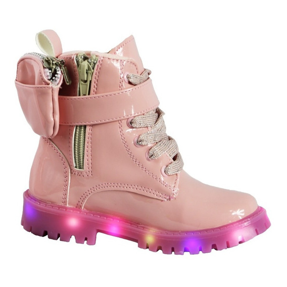 Bota Niña Luces Led Charol Negro Blanco Rosa Bolsita Botin