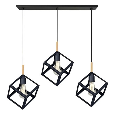 Colgante Jaula 3 Luces Cubo Con Madera Vintage Apto Led 1007 Negro Con Madera