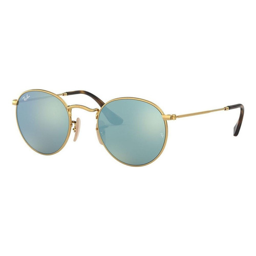 Anteojos de sol Ray-Ban Round Oval Flat Lenses Standard con marco de metal color polished gold, lente silver de cristal flash, varilla polished gold de metal - RB3447N