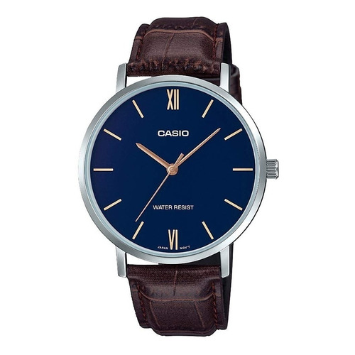 Reloj de pulsera Casio Dress MTP-VT01L-2BUDF, analógico, para hombre, fondo azul, con correa de cuero color marrón, agujas color dorado, dial dorado, bisel color plateado y hebilla s