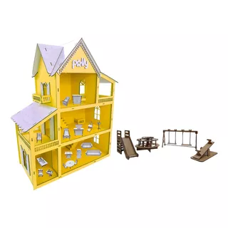 Kit Casa/casinha Boneca 19 Moveis Com Parquinho Postagem 24h Cor Amarelo