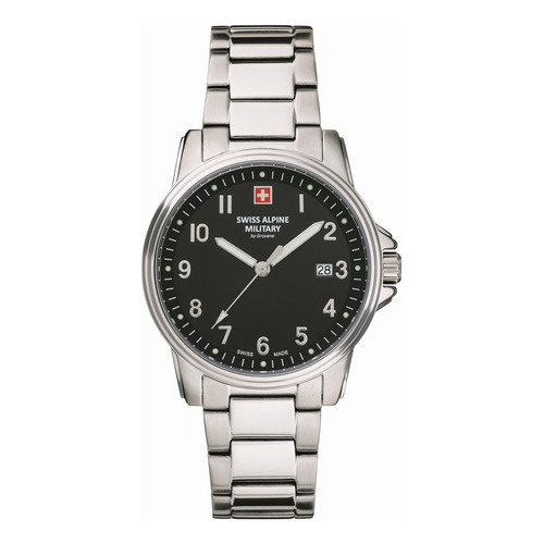 Reloj Swiss Alpine Military By Grovana Leader 7011.1137sam Malla Plateado Bisel Plateado Fondo Negro