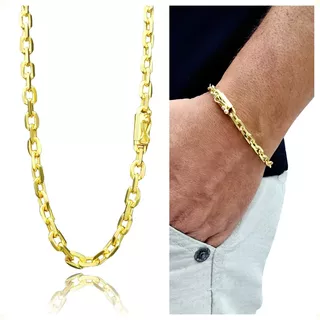 Corrente Masculina 6,5mm 68gr Com Pulseira Banhado A Ouro18k