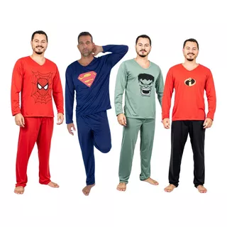 Kit 3 Pijamas Masculinos Longos Inverno Básico Estampado