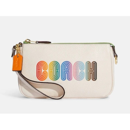 Coach Bolsa Muñequera Multi Rainbow Arcoiris En Piel Acabado De Los Herrajes Oro Color Blanco Correa De Hombro Blanco Diseño De La Tela Letras Arcoiris