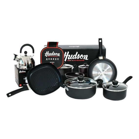 Set Bateria Juego Ollas Hudson Teflon Negro Bifera Pava 5pz