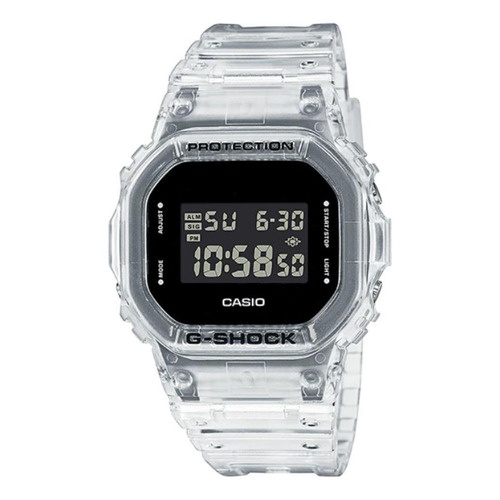 Reloj pulsera Casio G-Shock DW5600 de cuerpo color gris, digital, fondo negro, con correa de resina color gris, dial gris, minutero/segundero gris, bisel color gris y negro, luz azul verde y hebilla simple