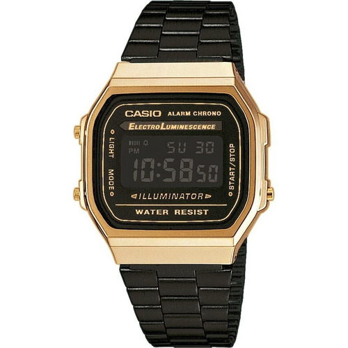 Reloj pulsera Casio Vintage A-168 de cuerpo color dorado, digital, fondo negro, con correa de acero inoxidable color negro, dial gris, minutero/segundero gris, bisel color dorado y hebilla de gancho