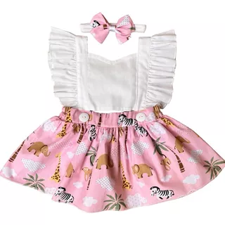 Roupa De Bebê Salopete Safari Menina Top C/ Laço Romper 