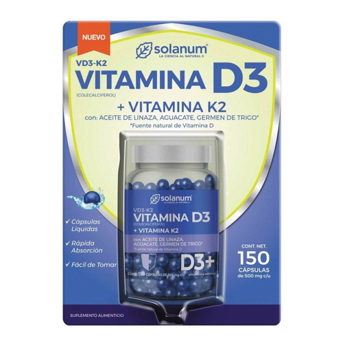 Vitamina D3 + K2 Solanum 150 Cápsulas De 500 Mg C/u Sabor Aceite De Linza, Aguacate,germend De Trigo