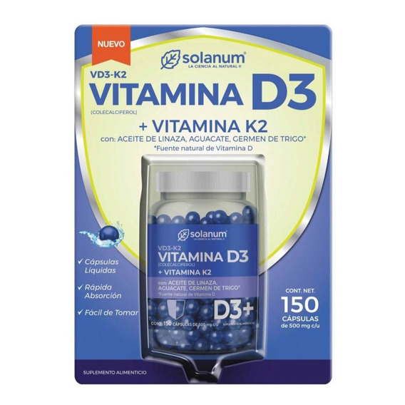 Vitamina D3 + K2 Solanum 150 Cápsulas De 500 Mg C/u Sabor Aceite De Linza, Aguacate,germend De Trigo