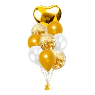 Kit Balão Hiperfesta Coração/confete/metálica/9un+peso/balão Cor Dourado