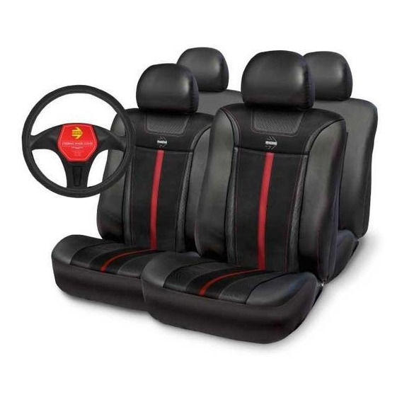 Cubreasiento Auto Universal + Cubre Volante Momo Negro Rojo