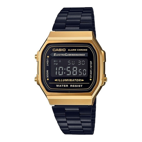 Reloj de pulsera Casio Vintage A-168 de cuerpo color dorado, digital, fondo negro, con correa de acero inoxidable color negro, dial gris, minutero/segundero gris, bisel color dorado y hebilla de ganch