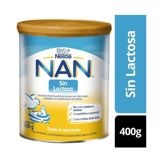Leche de fórmula en polvo sin TACC Nestlé Nan Sin Lactosa sabor leche en lata de 1 de 400g - 0 meses a 1 años